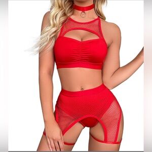 Women's Rave Outfits Cutout Fishnet lingerie babydoll Medium red 3 pcs